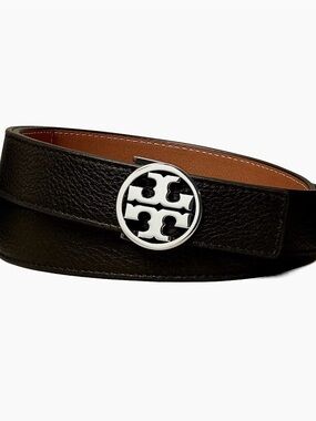Tory Burch miller reversible Black Leather Belt with Silver Logo Medallion